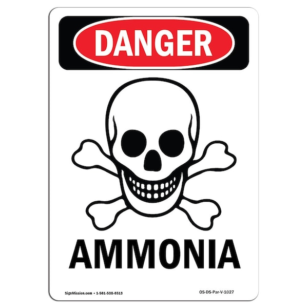 Safety Sign, OSHA Danger, 5" Height, Ammonia, Portrait, 10PK